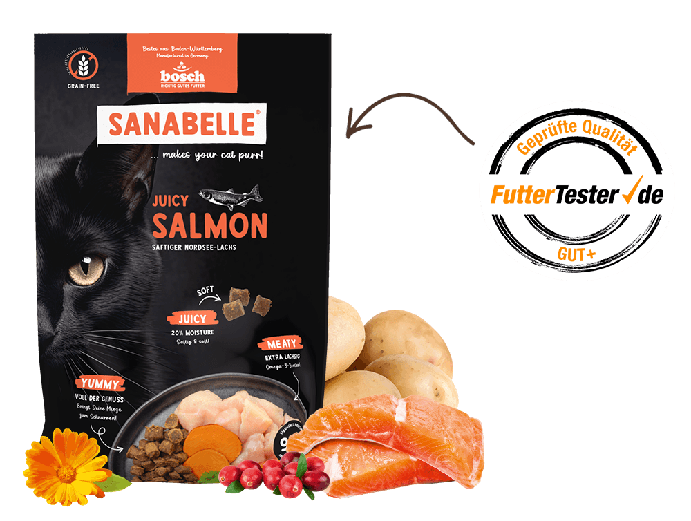 Katzenfutter im Futtertester-Test: Sanabelle Juicy Nordsee-Lachs mit Note "GUT+" ausgezeichnet