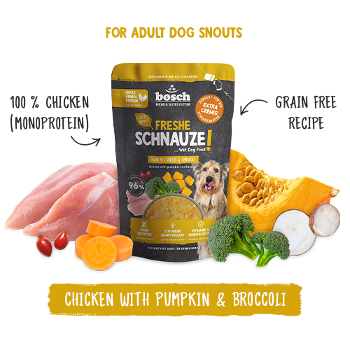 Bosch FRESHE SCHNAUZE Nassfutter Für Hunde – Huhn Mit Reis & Karotten, 8 X 250 G, Schonend Dampfgegart & Getreidefrei