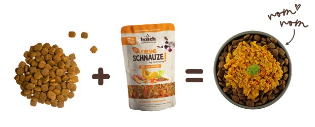 Serving suggestion Freshe Schnauze dog food topping - sunny yellow field vegetables