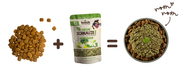 Serving suggestion Freshe Schnauze dog food topping - crunchy green field vegetables