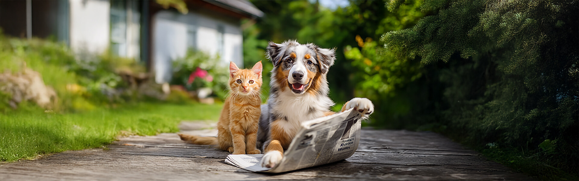 Ein Hund und eine Katze lesen gemeinsam eine Zeitung, im Garten eines Hauses