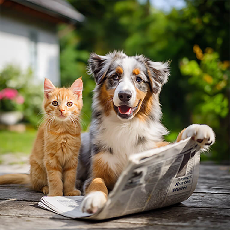 Ein Hund und eine Katze lesen gemeinsam eine Zeitung, im Garten eines Hauses